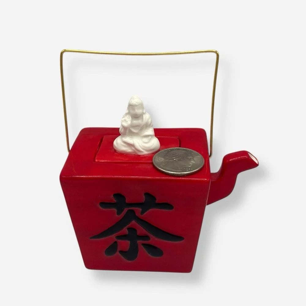 Fitz Floyd Ceramic Red Take Out Chinese Food Box Teapot Tea Buddha‎